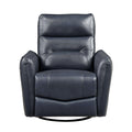 Blue leather recliner chair with round black base on a white background
