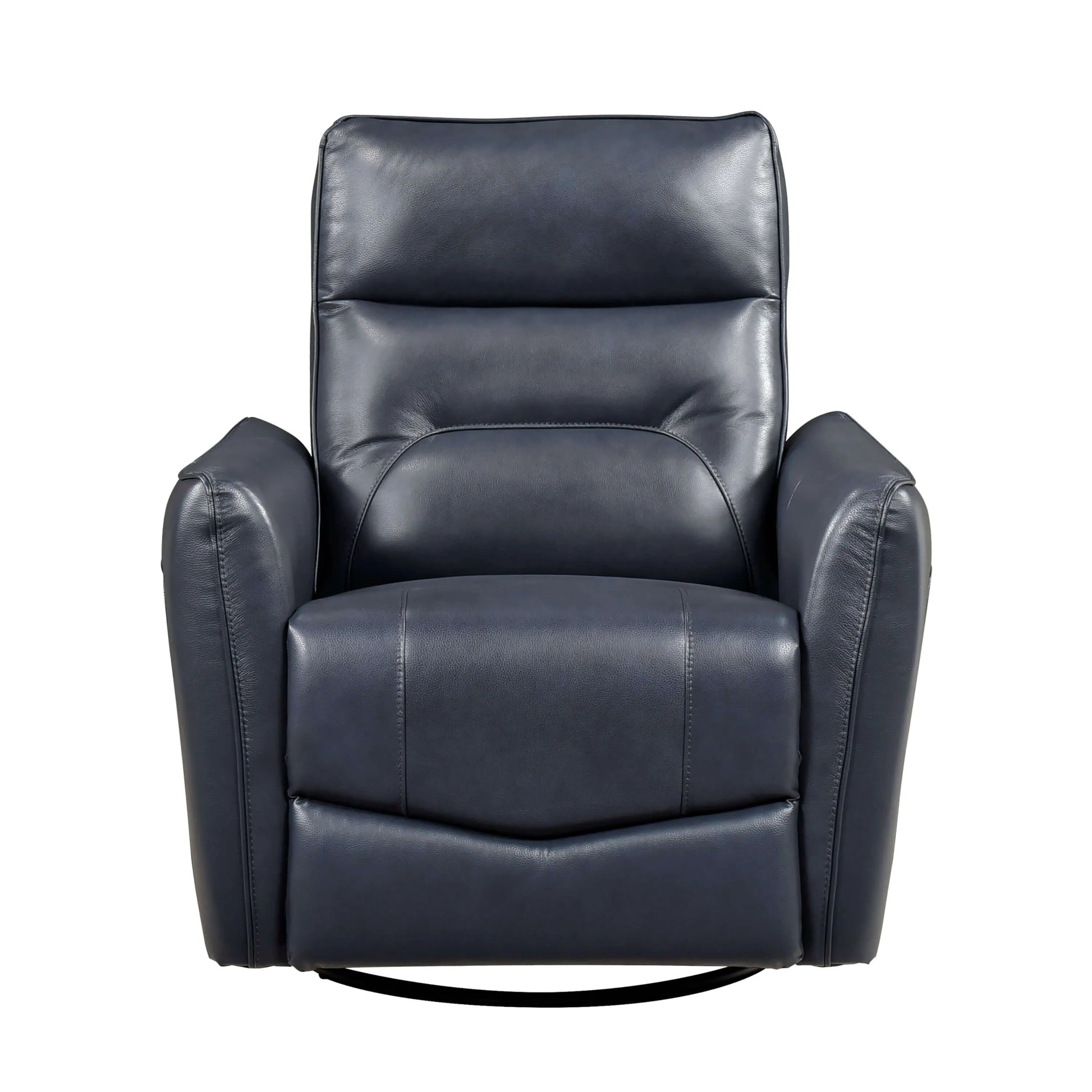 Blue leather recliner chair with round black base on a white background