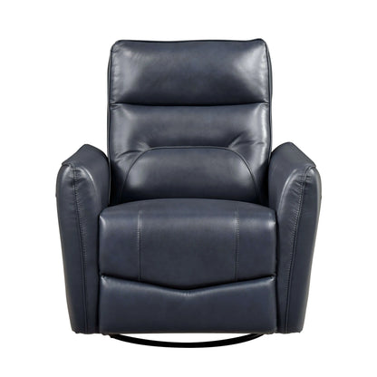 Blue leather recliner chair with round black base on a white background