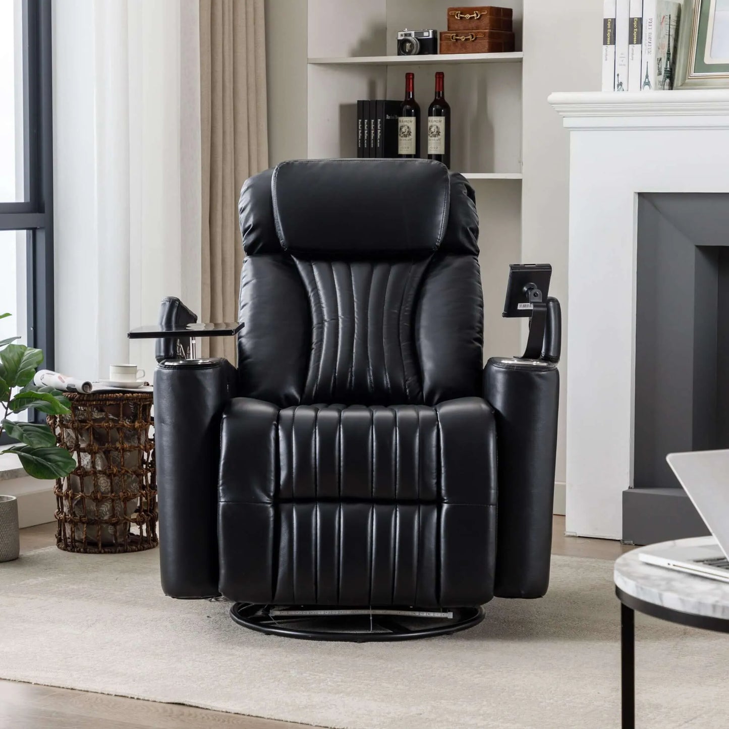Black leather recliner chair in a living room setting with a fireplace and shelves.