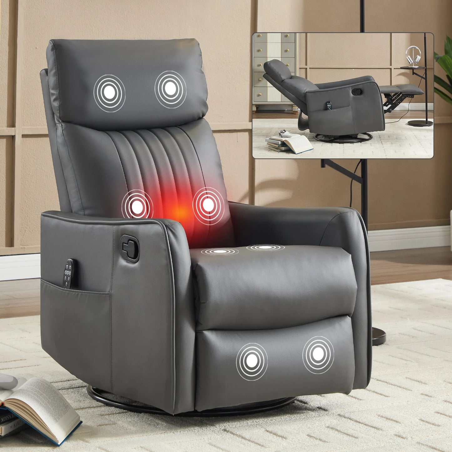 Gray massage recliner chair with red light on in a room setting