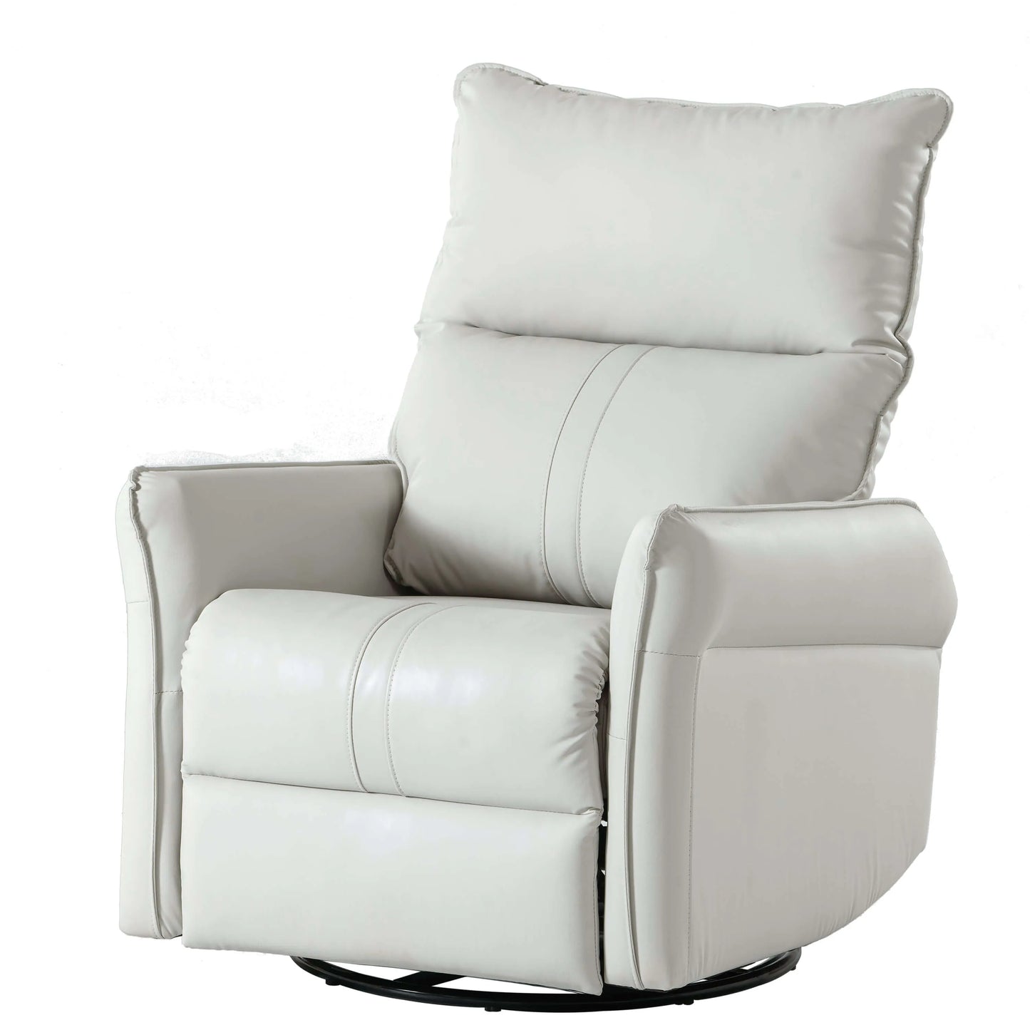 Light gray swivel recliner chair with a black metal base on a white background