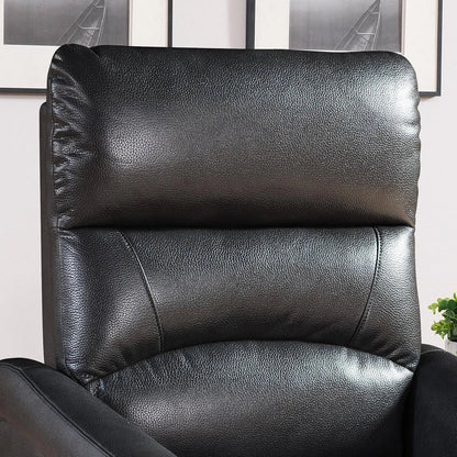 Black faux leather recliner chair in a room with framed pictures on the wall.