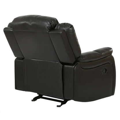 Back right angle view of a black faux leather glider recliner chair on a white background