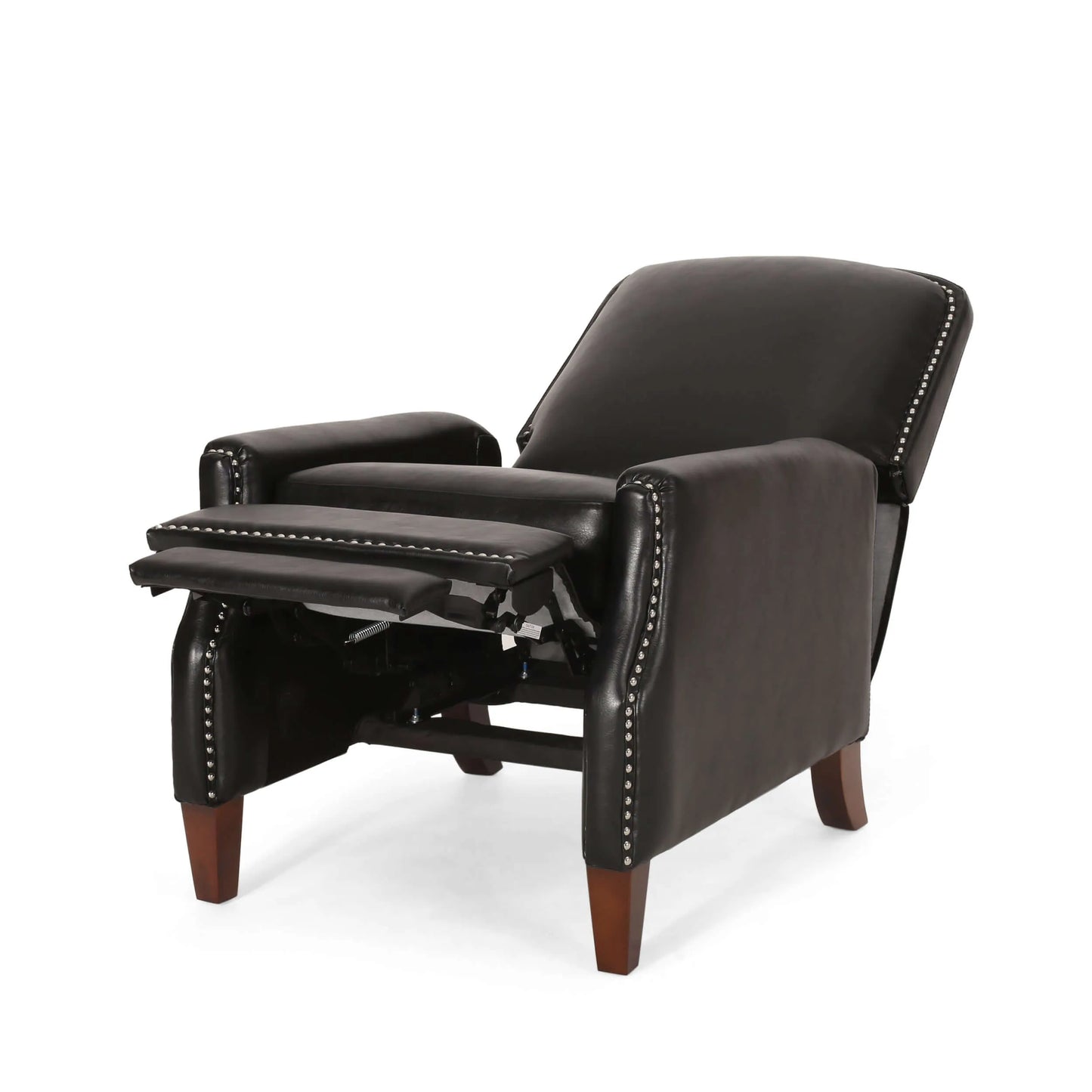 Black leather recliner chair fully reclined with wooden legs on a white background