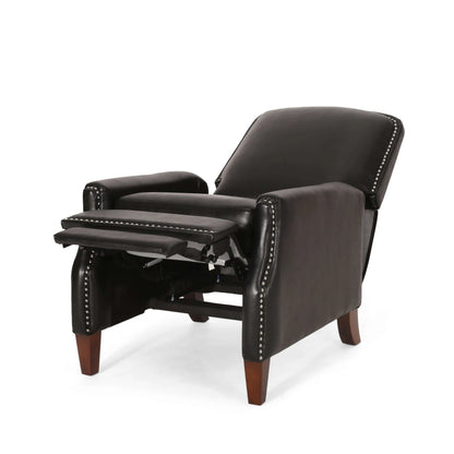Black leather recliner chair fully reclined with wooden legs on a white background