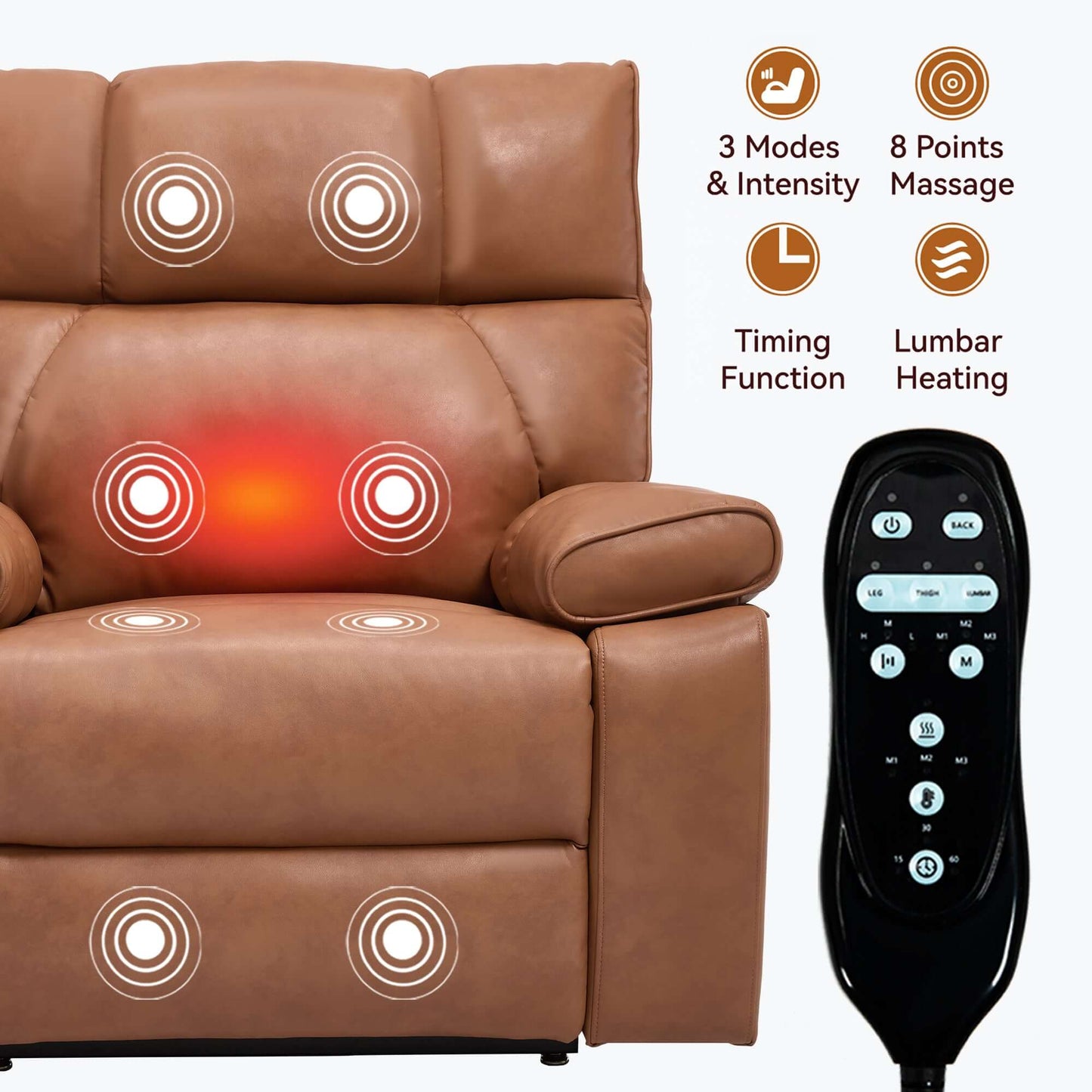 Brown massage recliner chair with massage control panel on a white background