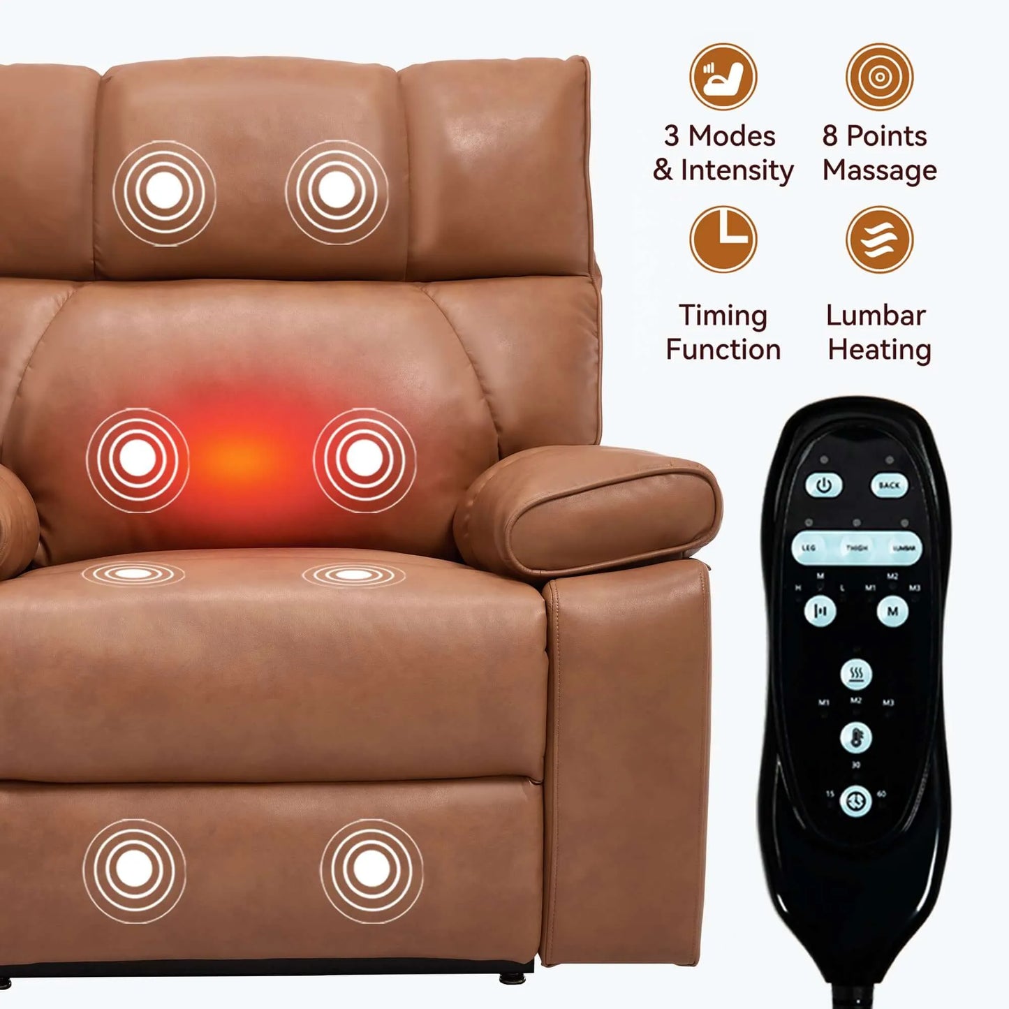 Brown massage recliner chair with massage control panel on a white background