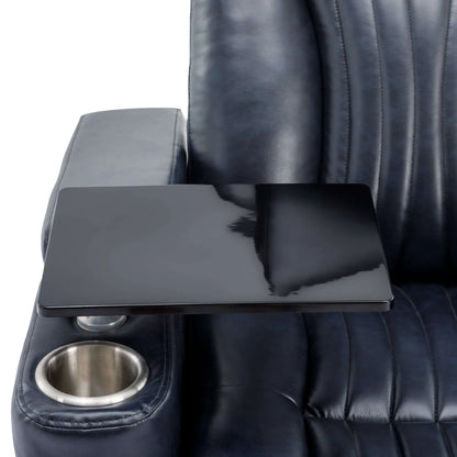 Close up of black tray attached to a blue leather recliner with a cup holder.