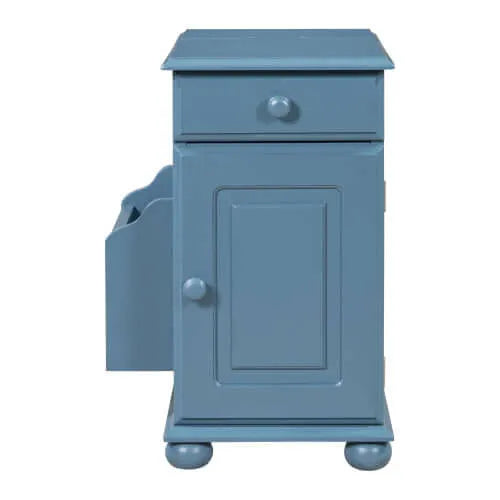 Blue end table with a drawer and cabinet on a white background