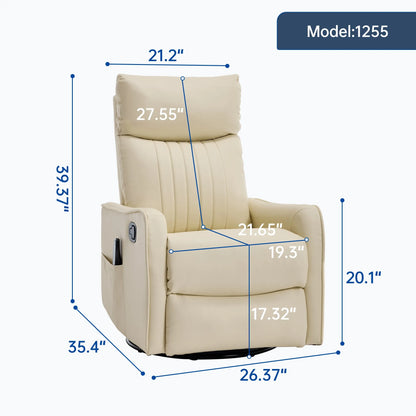 Beige recliner chair with dimensions marked on a white background