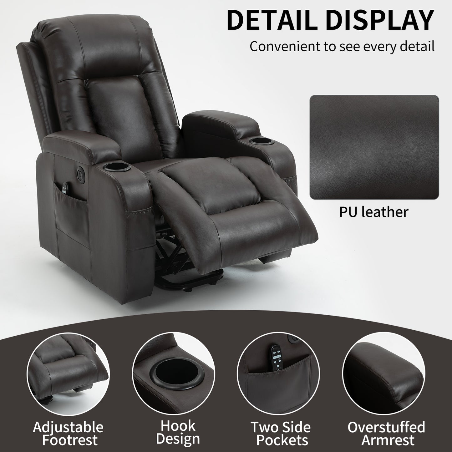 350 LB Power Lift Recliner w/ Massage, Heat, USB & Cup Holders-Brown