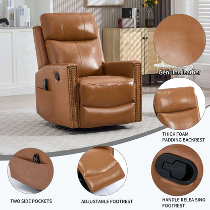 Brown leather recliner chair with features highlighted in a room setting