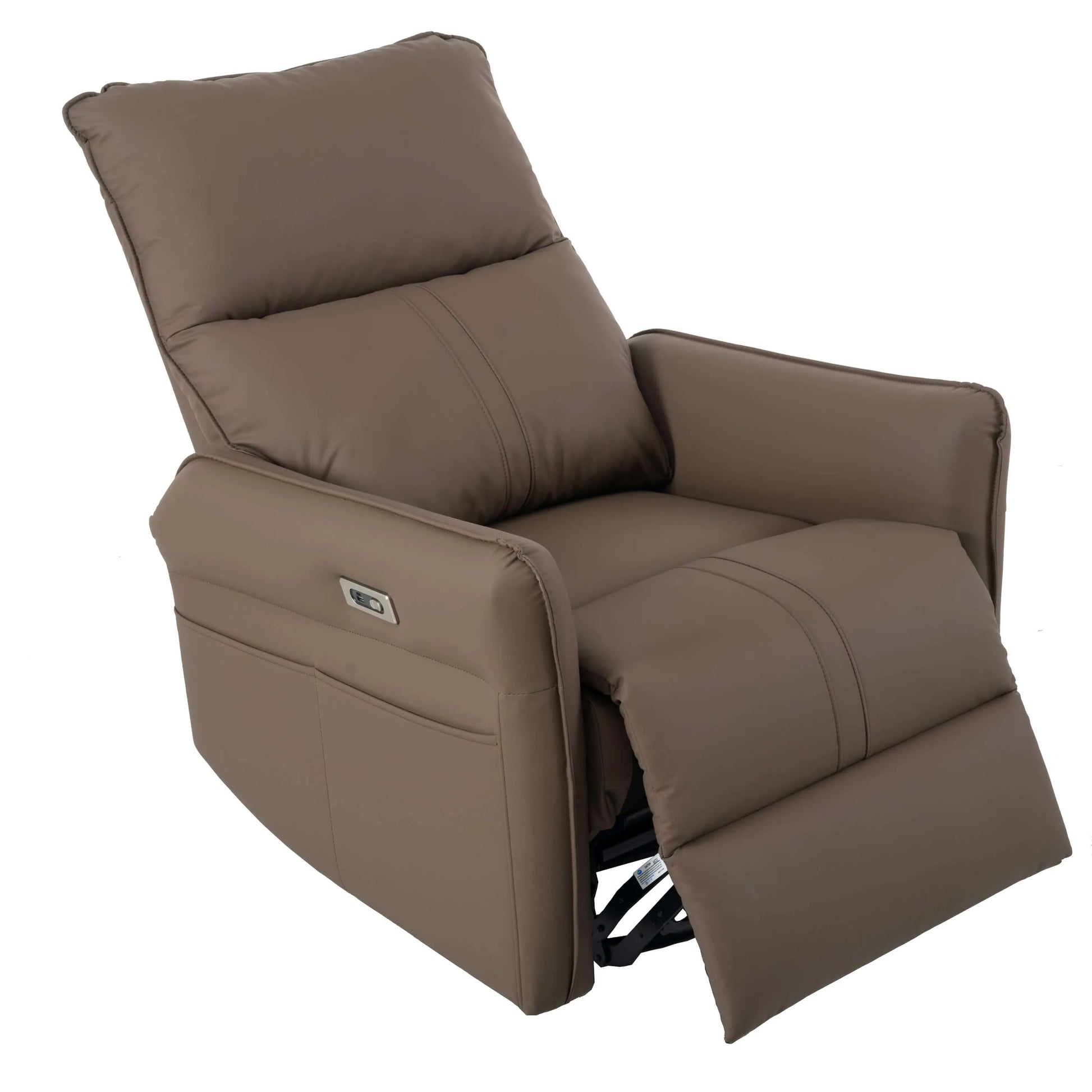 Brown recliner chair partially reclined on a white background