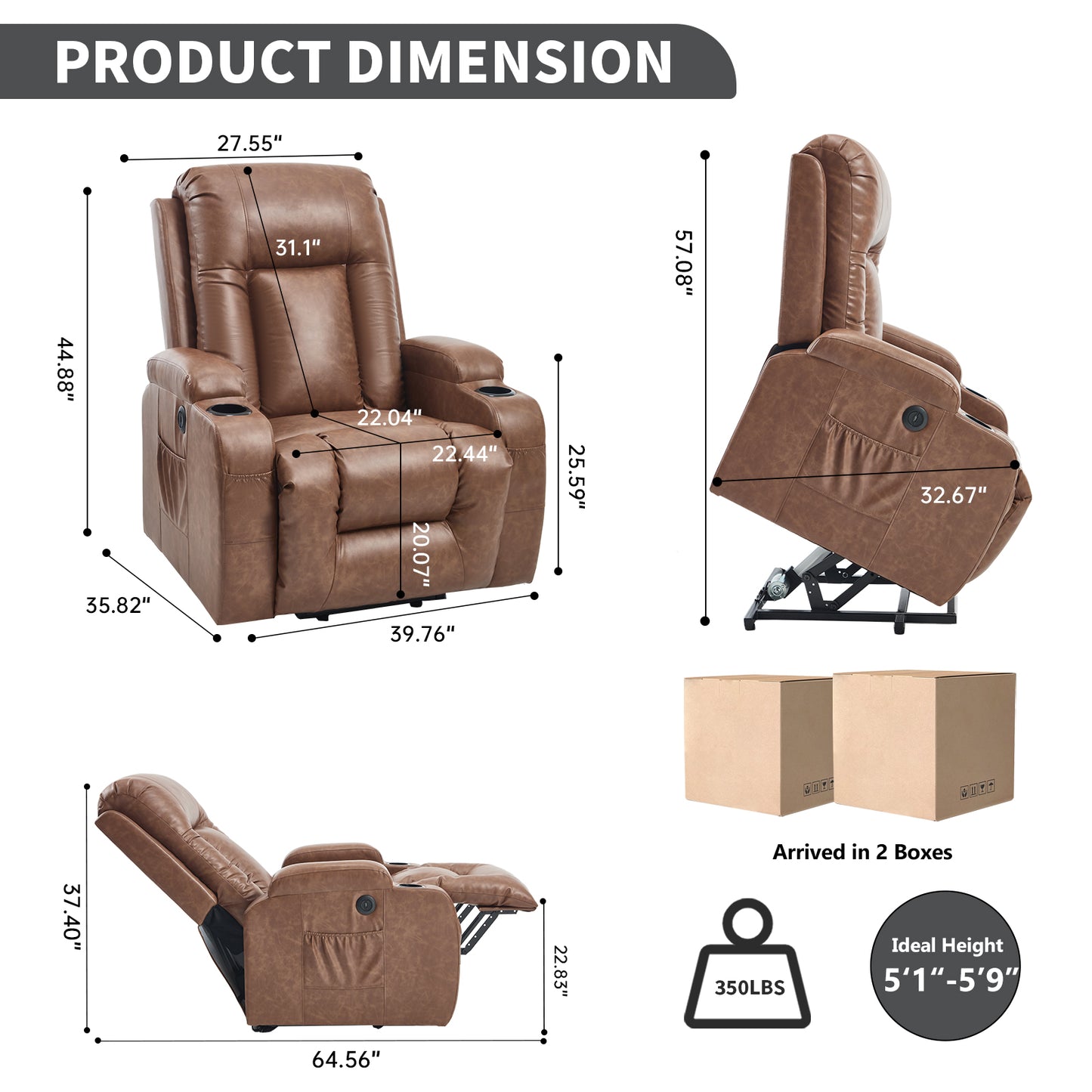 350 LB Power Lift Recliner w/ Massage, Heat, USB, Cup Holders