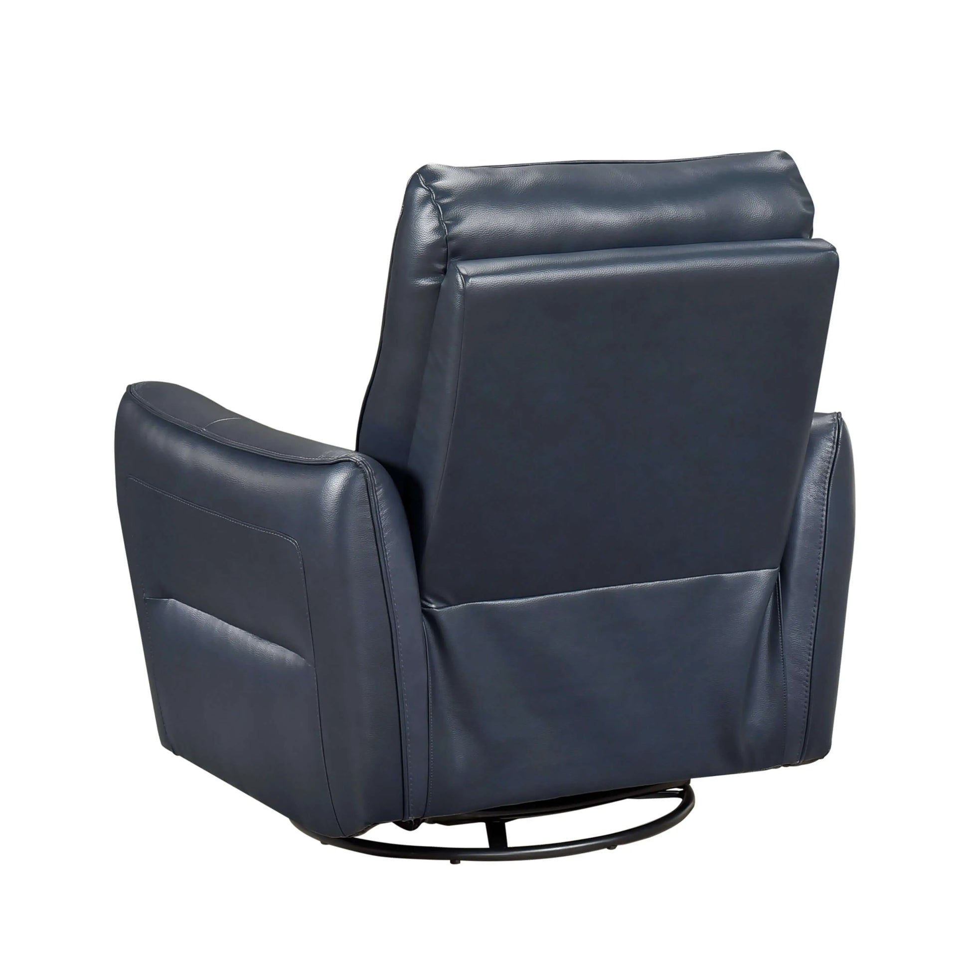 Back side view of a blue leather recliner chair with black swivel base on a white background