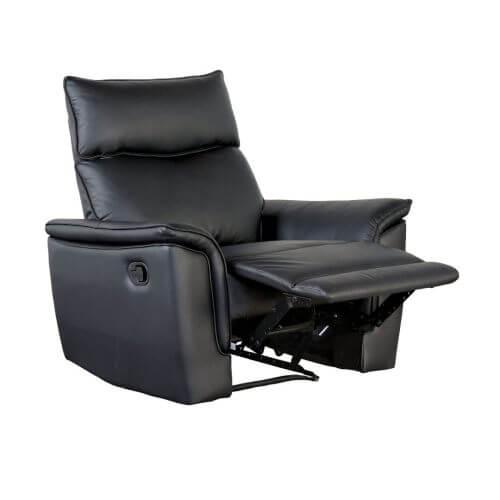 Black leather recliner chair with footrest extended on a white background
