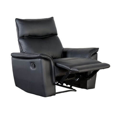 Black leather recliner chair with footrest extended on a white background