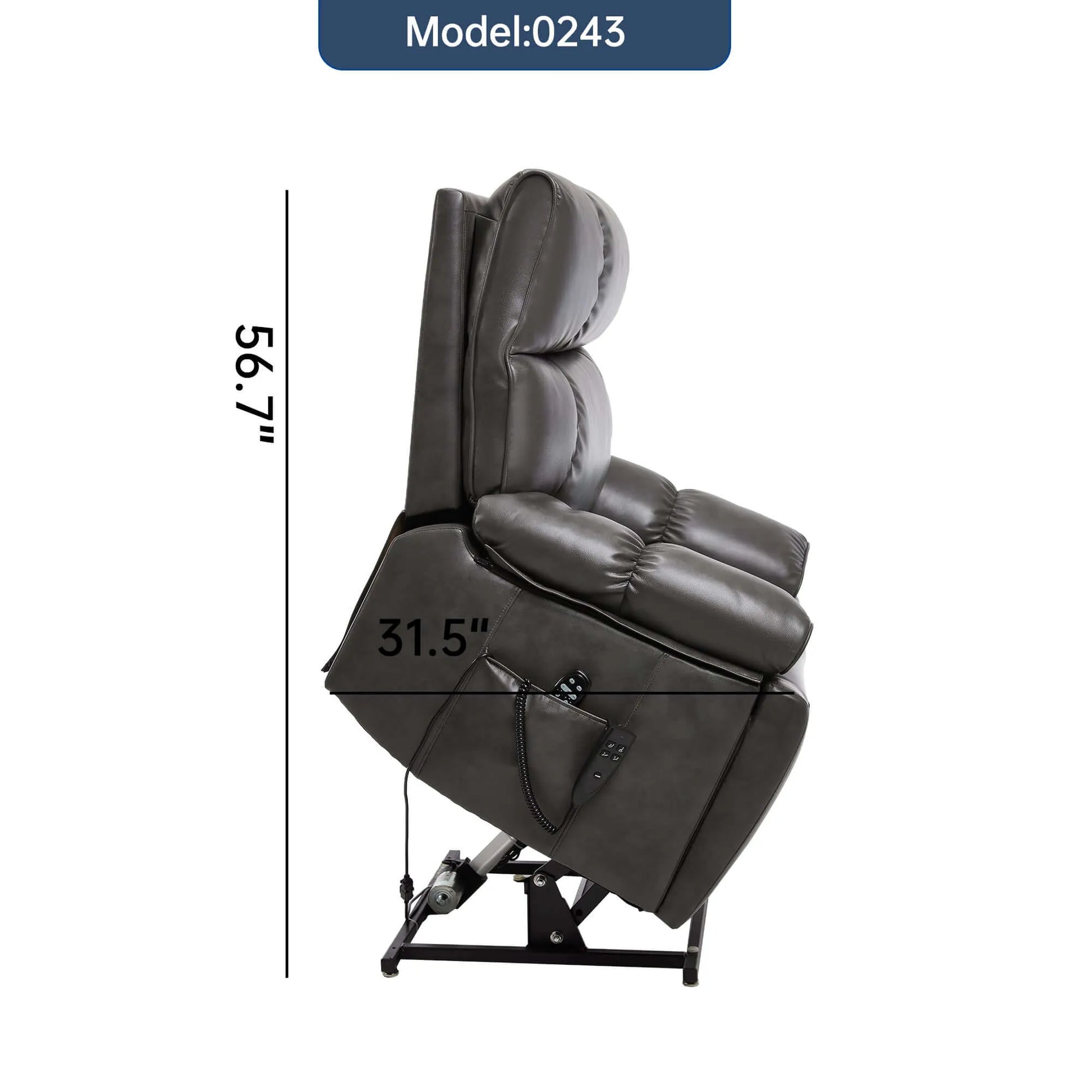 Gray recliner chair with dimensions indicated on a white background