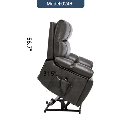 Gray recliner chair with dimensions indicated on a white background