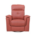 Red leather recliner chair with black round swivel base on a white background