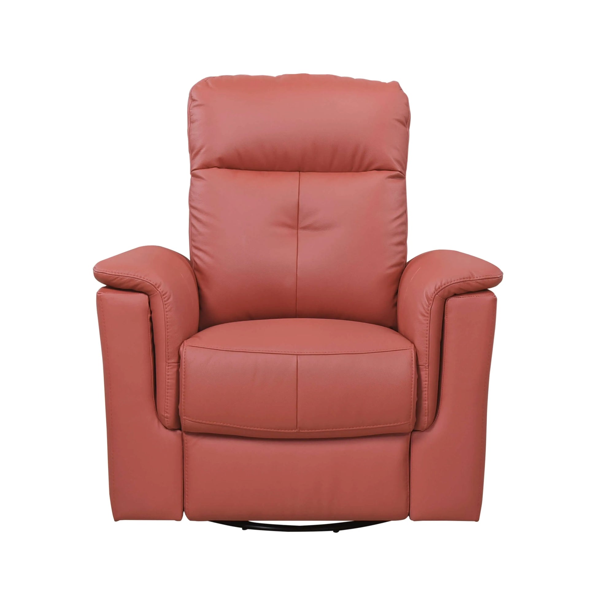 Red leather recliner chair with black round swivel base on a white background