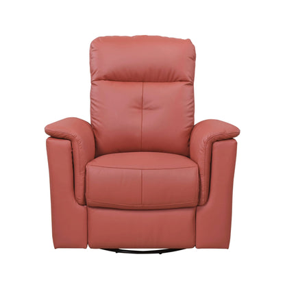 Red leather recliner chair with black round swivel base on a white background