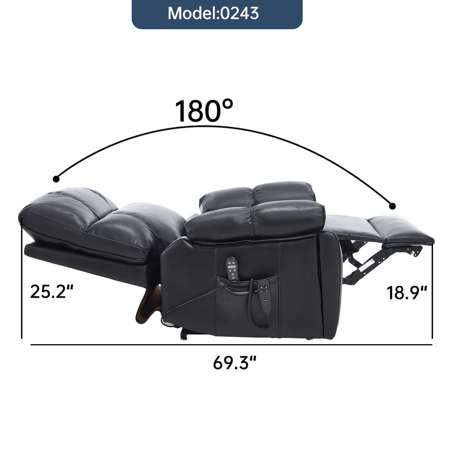 Black recliner chair with dimensions labeled on a white background