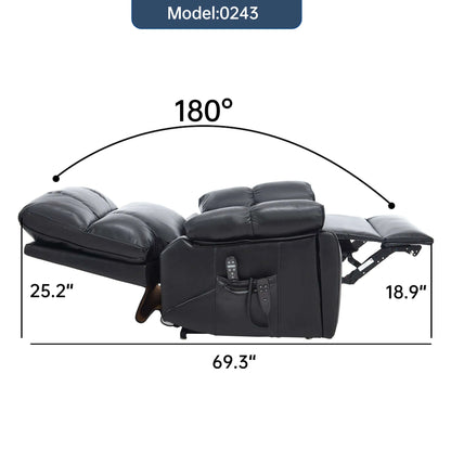 Black recliner chair with dimensions labeled on a white background
