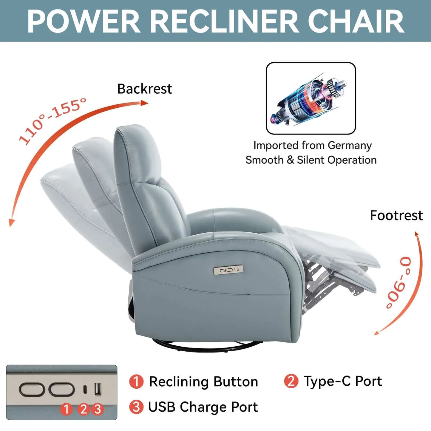 Blue power recliner chair with features highlighted on a white background