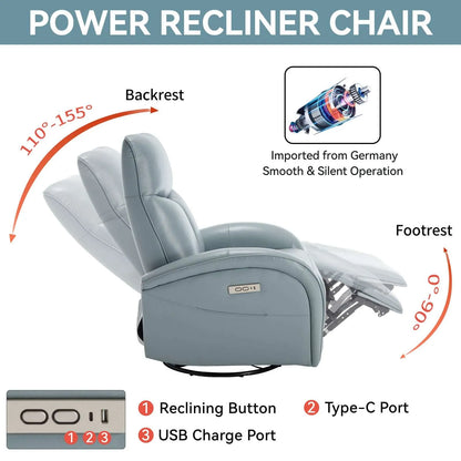 Blue power recliner chair with features highlighted on a white background
