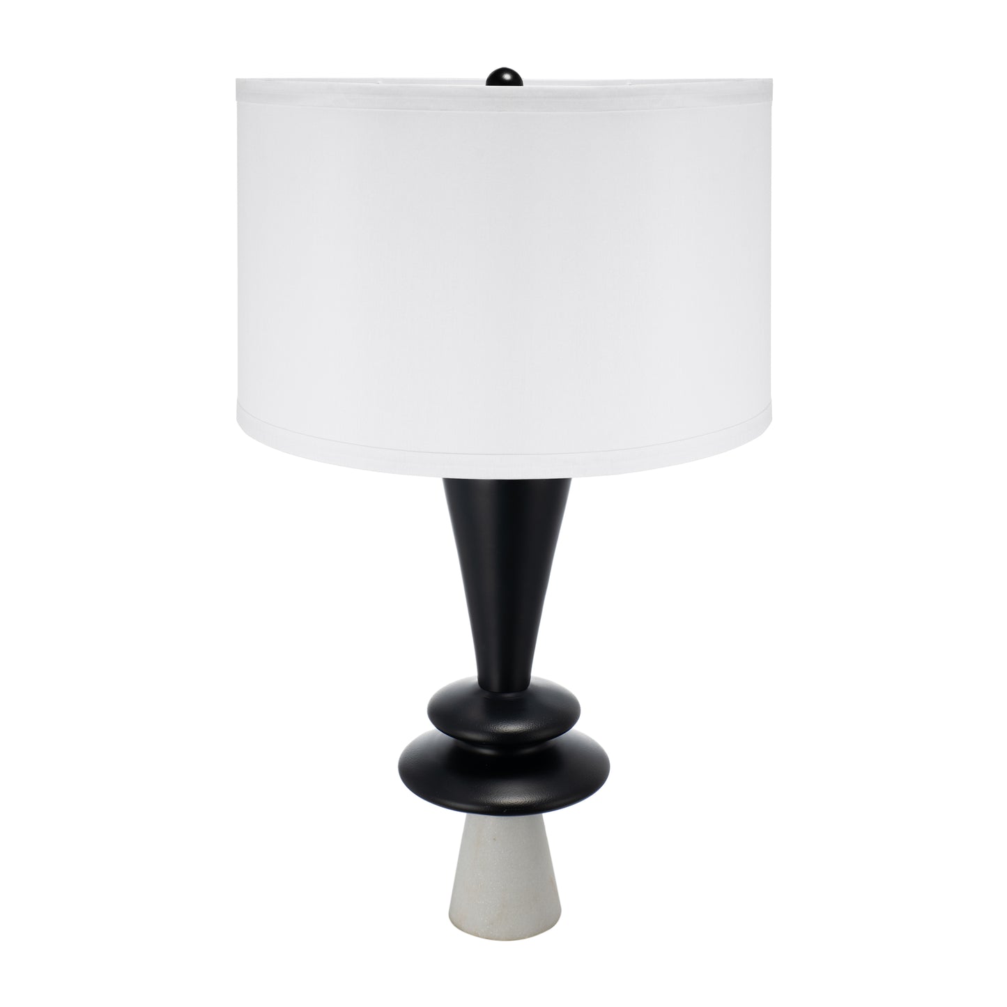 Table lamp with black base and white shade on a white background