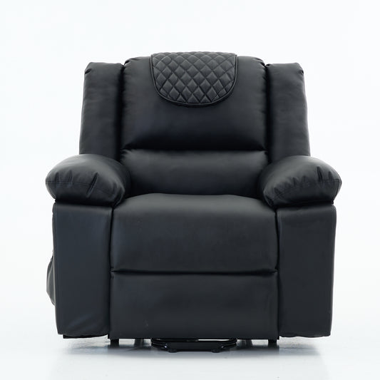 Black recliner chair with quilted backrest on a white background