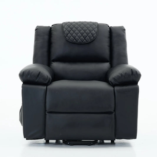 Black recliner chair with quilted backrest on a white background