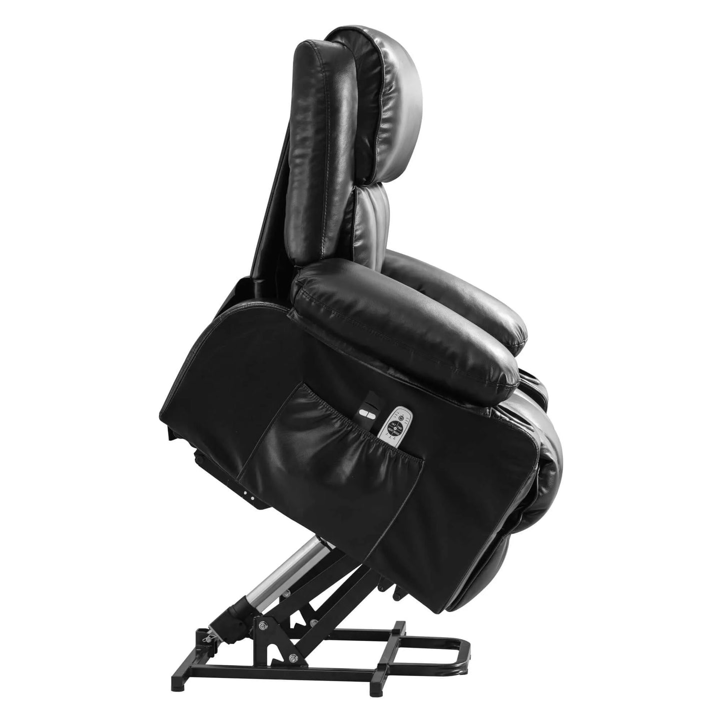 Black massage lift chair fully extended up on a white background