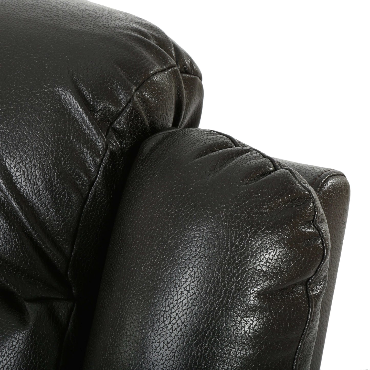 Close-up of a black faux leather glider recliner on a white background