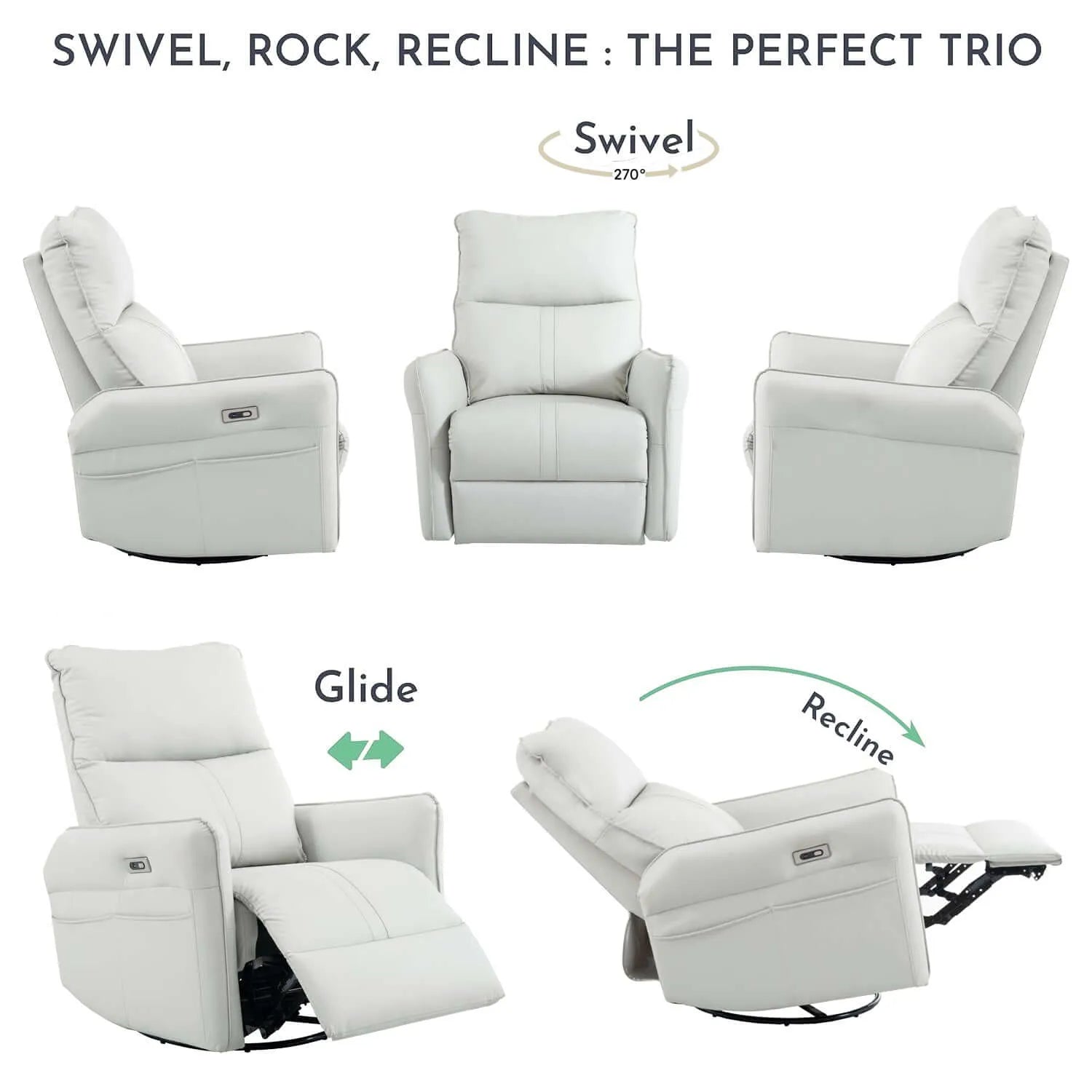 Light gray recliner chairs with features labeled 'Swivel', 'Rock', 'Recline' on a white background.