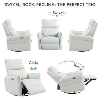 Light gray recliner chairs with features labeled 'Swivel', 'Rock', 'Recline' on a white background.