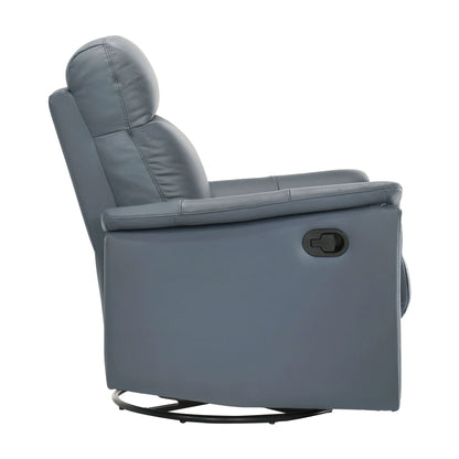 Side view of a blue gray recliner chair on a white background