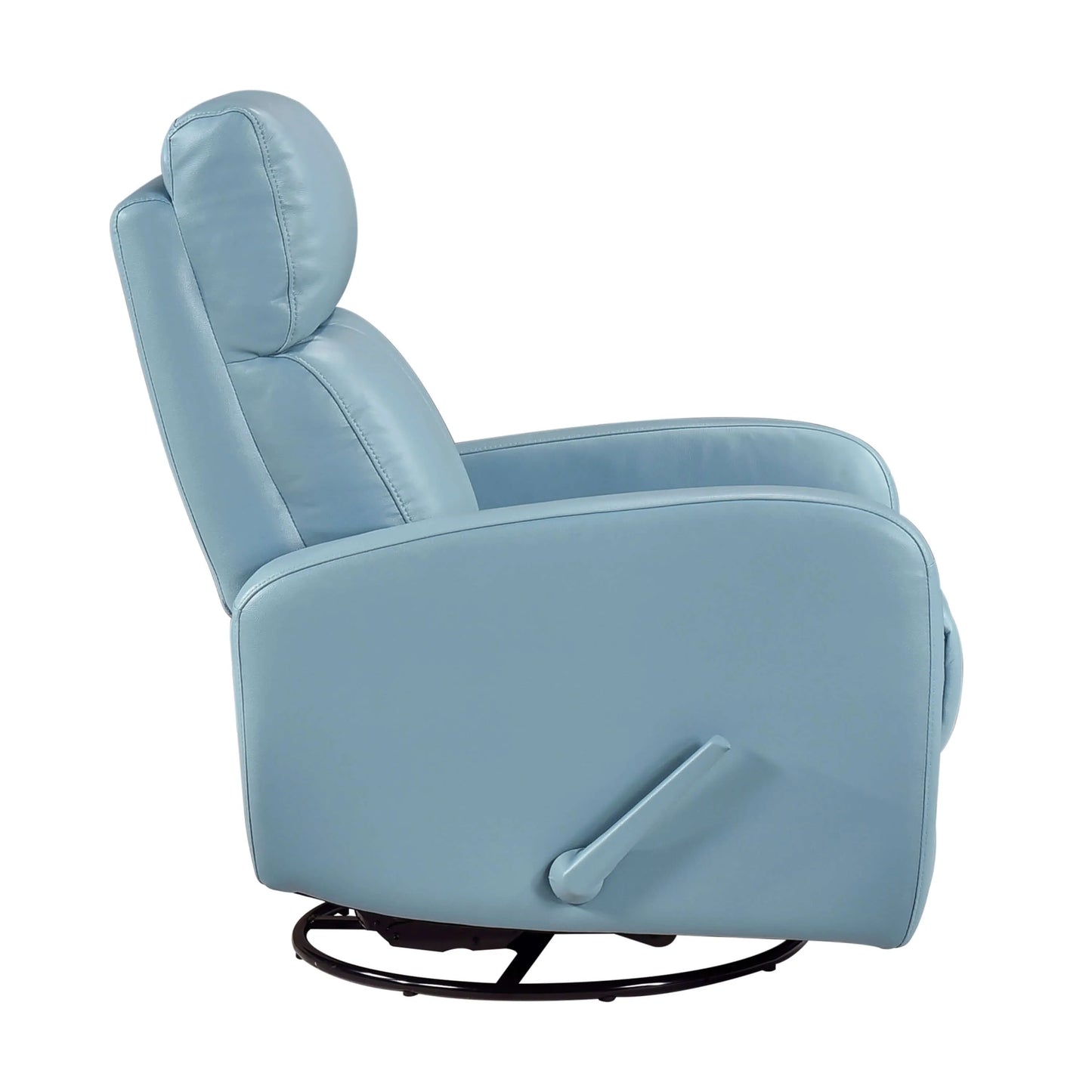 Side view of a blue recliner chair with manual handle on a white background