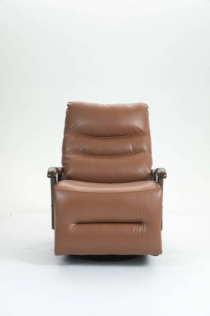 Front view of a brown leather recliner chair on a white background