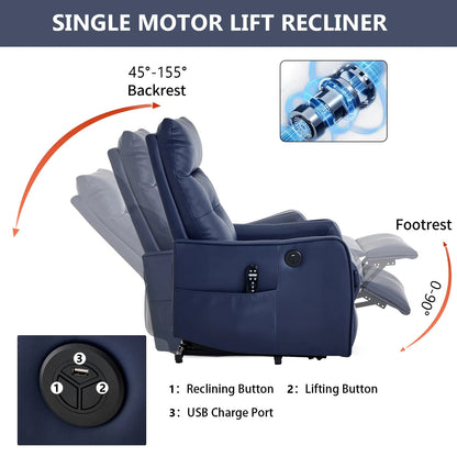 Blue recliner chair with features highlighted, including backrest angle, footrest, and control buttons.