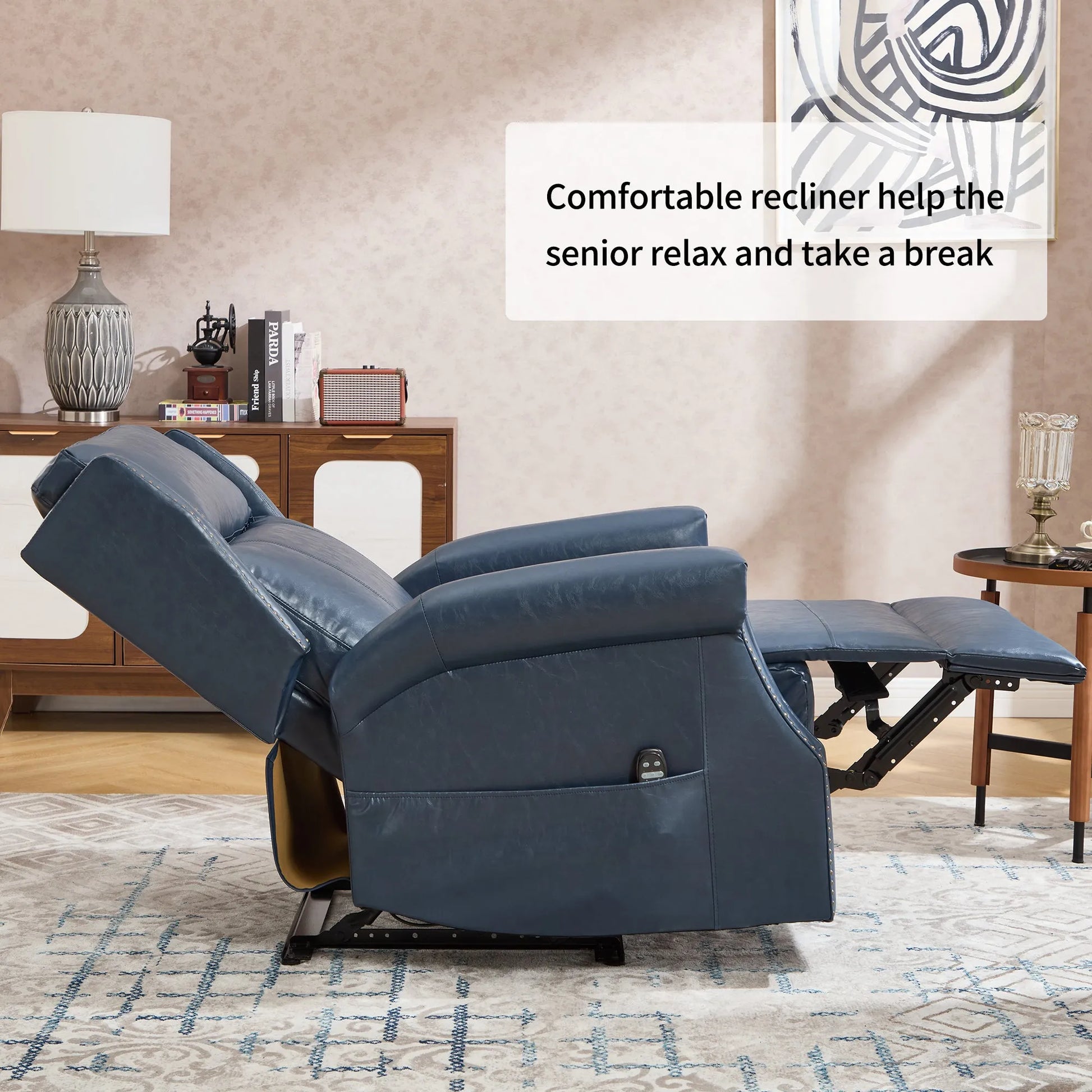 Blue recliner chair in a living room setting with text about its benefits.
