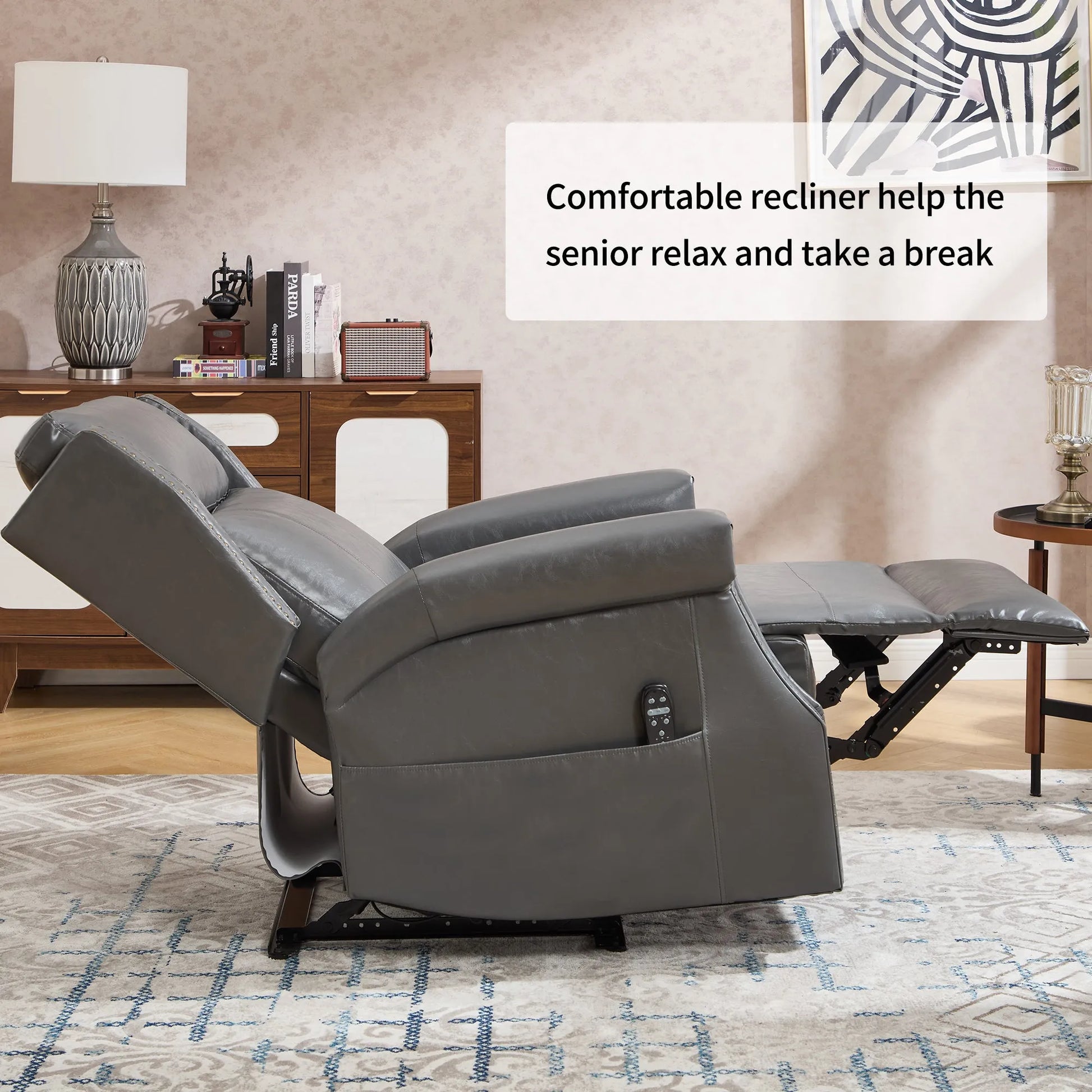 Gray recliner chair in a living room setting with text about its benefits.