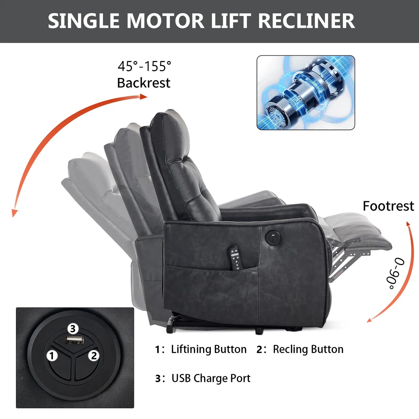 Black single motor lift recliner with control panel and features highlighted