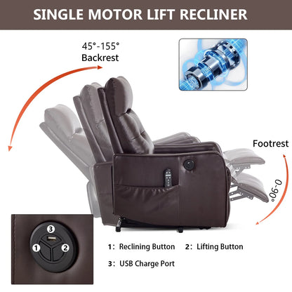 Brown single motor lift recliner with controls and features highlighted