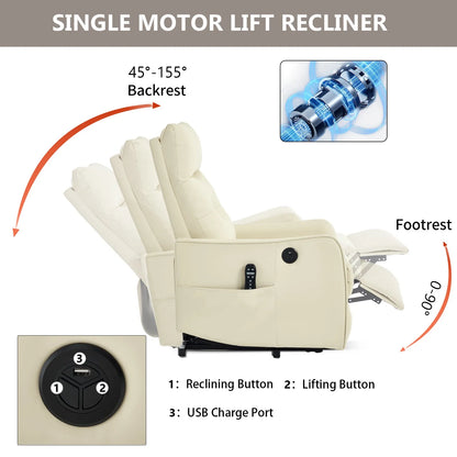Beige recliner chair with features highlighted on a white background