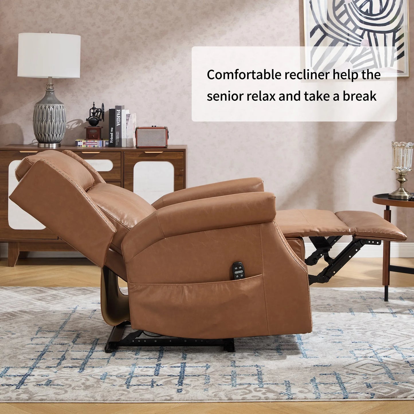 Brown recliner chair in a living room setting with text about its benefits.