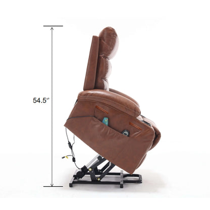Brown faux leather power lift reclining chair in full lift position with dimensions indicated on a white background