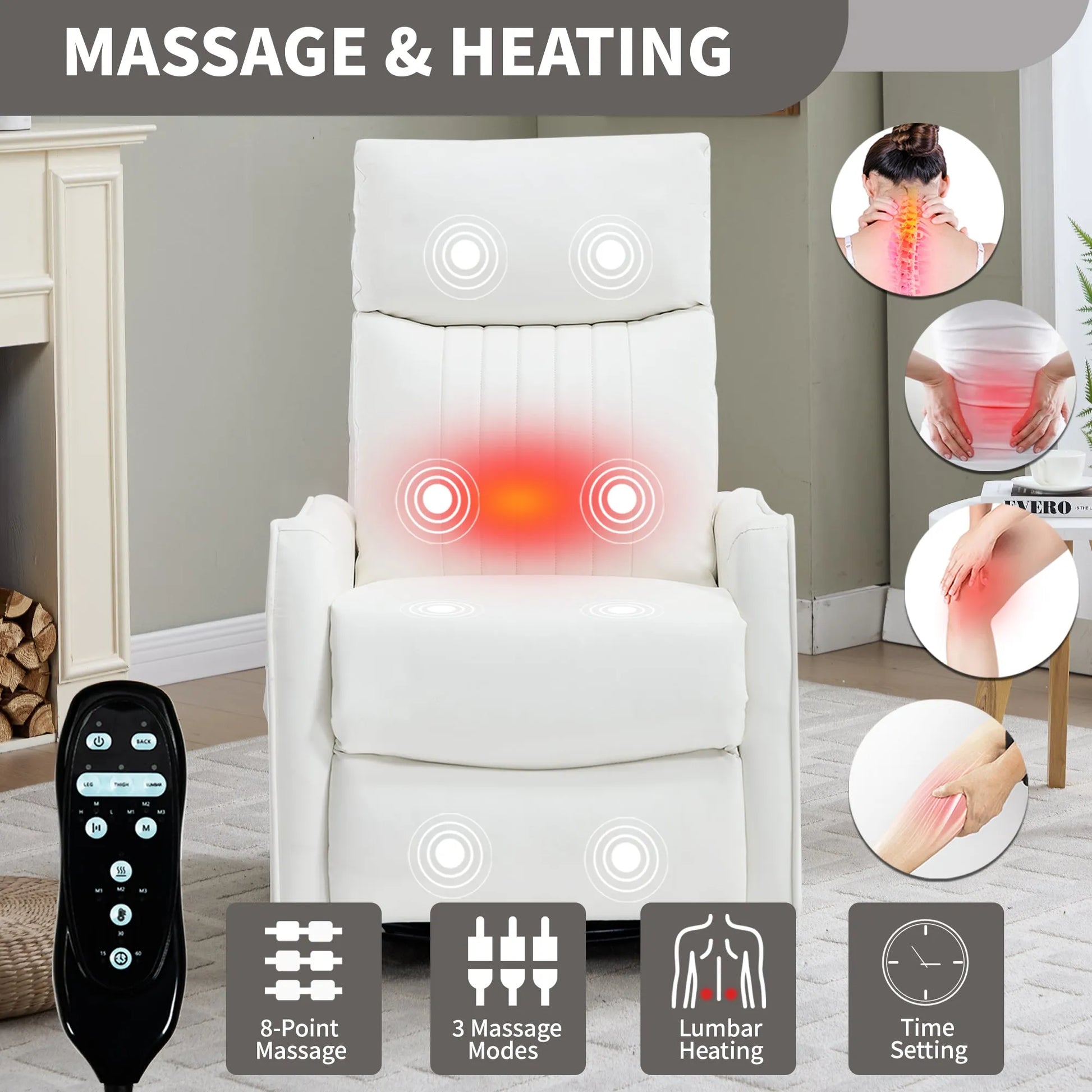 White massage and heating recliner chair with remote control in a home setting